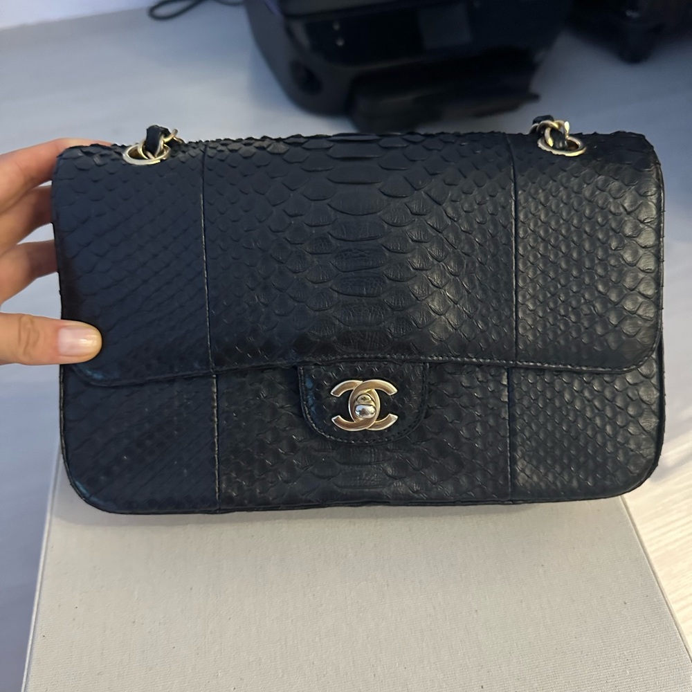 CHANEL Black Python Shoulder Bag with Gold Chain